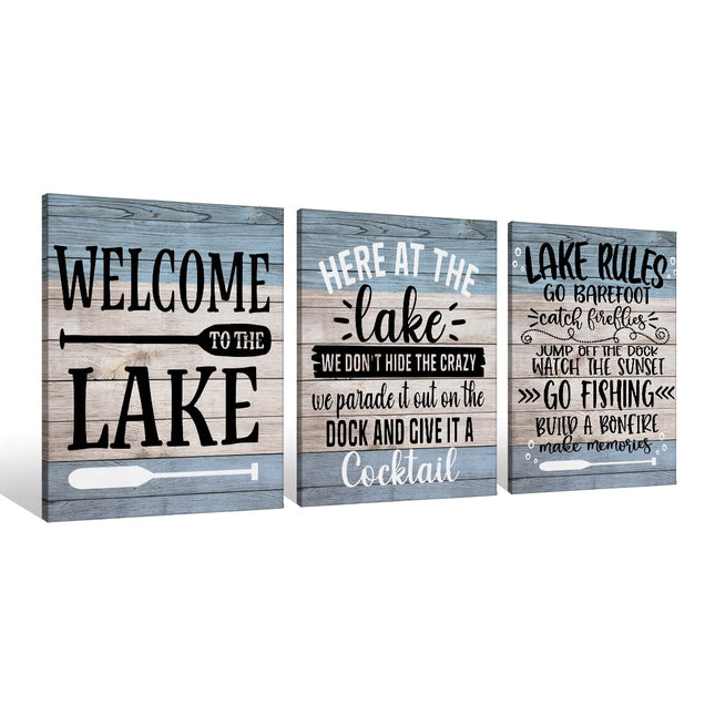 Welcome To The Lake Paddle Lake Rules Vintage Canvas Wall Art Prints Artwork Signs Framed for Lake House Cabin Porch Wall Decor Home Room Decor,11 X 14 inch Set Of 3,Housewarming Gift