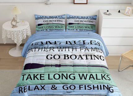 Lake House Comforter Set Twin Gift For Lake Lover,Country Paddle Retro Wood Grain Quilt Retro Rustic Farmhouse Bedding Set For Kids Teens Adult Women, Go Boating Down Comforter Lake Cabin Decor,Teal
