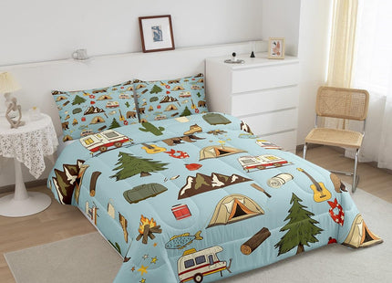 Camper Bedding for Travel Trailers Bunk, Happy Camping Comforter Set for Kids Boys Girls, Pine Tree Bear Duvet Insert, Camper Accessories Bedding Comforter Sets, Travel Car Down Comforter, 2Pcs Twin
