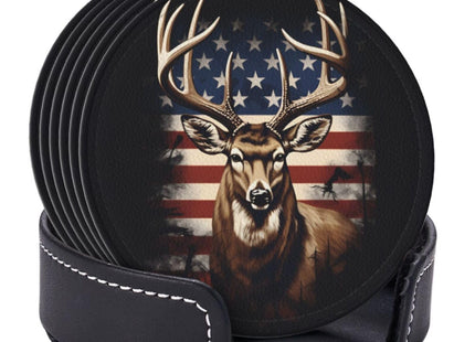 Neukim 6 Pcs American Hunting Deer Leather Coasters for Drinks with Holder Round Mug Mat Table Desk Coasters Set Cup Coasters for Living Room Kitchen Coffee Decor