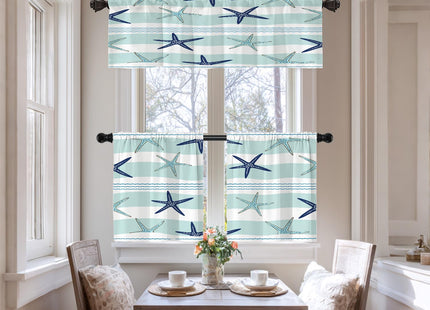 BaoNews Coastal Navy Blue Blackout Kitchen Curtain, Coastal Starfish Repeat Pattern Navy Blue Turquoise Window Treatment Rod Pocket Light Filtering Bathroom Short Valance 1 Pack 52X18 Inches
