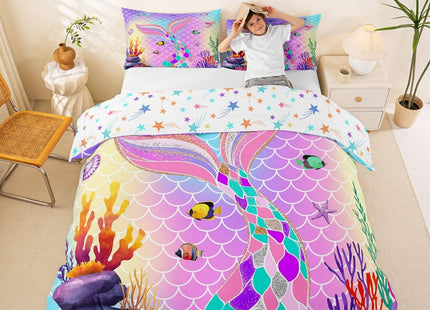 Erosebridal Mermaid Toddler Bedding Set - Mermaid Tail Comforter, Nautical Sea Animal Duvet Cover, Ocean Starfish Quilt Cover, Pastel Pink Purple Cute Room Decor for Girls, Queen Size