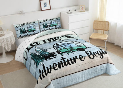 Erosebridal Camper Comforter Happy Camping Bedding Pine Tree Bear Silhouette Bedding Sets & Collections Hand Drawing Style Down Comforter Twin Size Retro Farmhouse Decor,Microfiber Lightweight Duvet