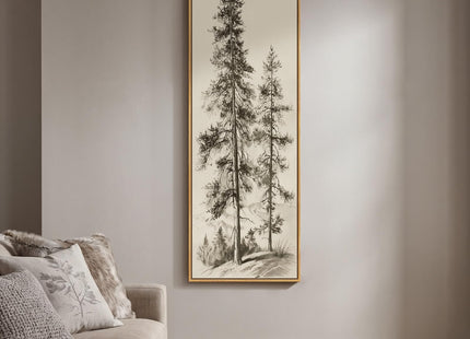 Framed Long Narrow Vintage Pine Tree Landscape Vertical Wall Art, 18x56 In