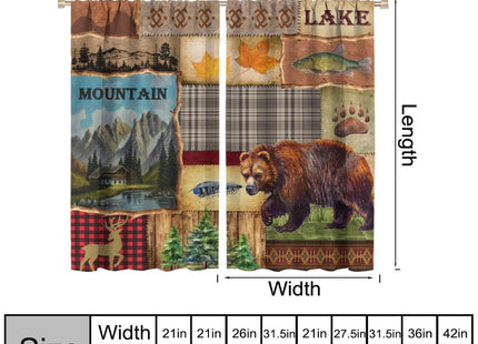 AAVEUP Vintage Bear Moose Curtains,Rustic Old Grid Pine Forest Hunting Lodge Bear Deer Bass Fishing Animals Window Treatments Drapes for Living Room Bedroom Kitchen 42x45in（No Blackout）
