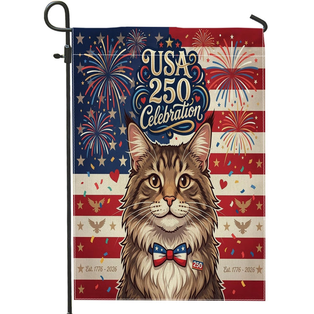 250 Years Maine Coons Cats Front Yard Backyard Burlap Garden Flags 12x18 Double Sided for Outside, 4th of July Patriotic Pattern Small Lawn Flags, American Home Outdoor House Flags