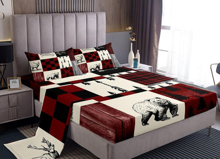 Rustic Lodge Bear Moose Deer Sheet Set Full,Patchwork Red Black Buffalo Check Plaid Bed Sheets Set Farmhouse Hunting Woodland Animal Bedding,Camping Cabin Fitted Sheet + Flat Sheet + 2 Pillow Cases