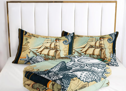 Nttopship Sailboat Bedding Comforter Set for Kids Teens and Adults Nautical Themed Printed Quilt Set for Bedroom 100% Soft Microfiber All Season Print Quilt Set with 1 Comforter and 2 Pillow Case