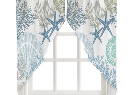 Swag Curtain Valances Nautical Coastal Ocean Coral Swag Valances for Kitchen Windows Beach Blue Teal Short Topper Curtains Tier Pair for Kitchen Bedroom Living Room Bathroom Cafe 36"x63"