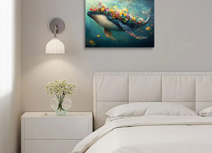 Floral Whale Canvas Wall Art Framed Bright Ocean Fantasy Decor 12x16 Inch