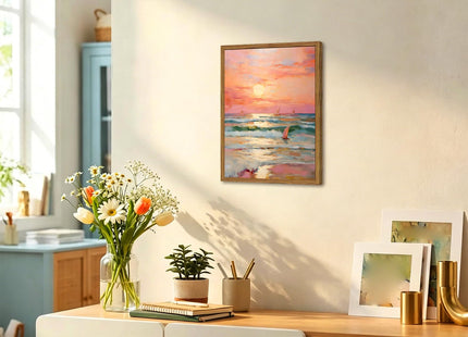 Framed Pink Coastal Canvas Wall Art, Beach Sunset Sailboat Pictures Wall Decor, Pastel Ocean Landscape Paintings Prints Beachy Home Decor for Living Room Bedroom Bathroom Dorm 16x24 inch