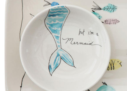 Creative Co-Op Coastal Stoneware Serving Platter and Dip Dish with Mermaid and Sea Life Illustrations, Multicolor