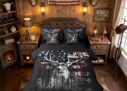 Erosebridal Antlers Hunting Twin 7 Pcs Bedding Set for Boys, Retro Moose Deer Comforter Set with Sheets American Flag Bed in A Bag for Men Adults Bedroom, Rustic Farmhouse Western Wildlife Bed Sets