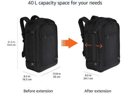 Amazon Basics Travel Backpack,Carry-On with Laptop Compartment, 1.55 cu. ft. Capacity,Expandable for 10% Extra Space,Convertible Backpack & Shoulder Bag,Multiple Pockets,13.8"W x 21.5"H x 9.5"D, Black