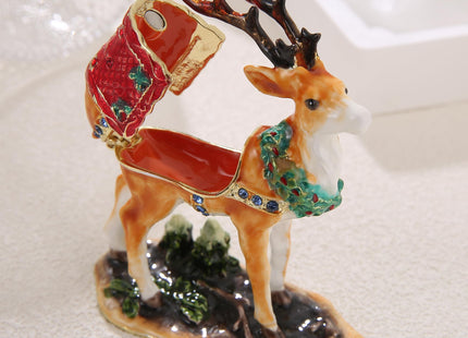 Hand Painted Christmas Trinket Box for Home Decor Accents, Enamel Hinged Jewelry Box for Bookshelf Office Table Desk Decor, Classical Figurine Collectible Keepsake Sculptures (Yellow Christmas Deer)