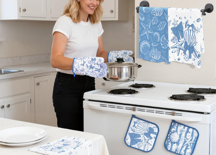 13 Pcs Beach Kitchen Decor Set 3 Seashell Kitchen Curtains Valance 2 Blue Bow Rugs and Mats 4 Coastal Hand Towels 2 Pot Holders 2 Oven Mitts for Summer Home Decor Cooking Grilling Housewarming Gift