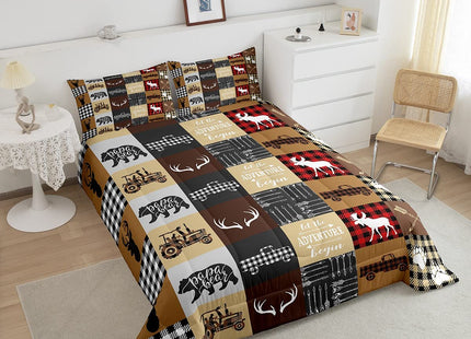 Erosebridal Rustic Farmhouse Duvet Insert, Moose Deer Patchwork Comforter Set for Kids Boys Teens Adult Women Bedroom, Checkered Tractor Bedding Antler Woodland Wildlife Bedding Comforter Sets, King
