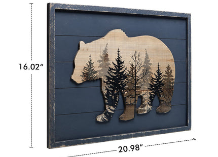 NIKKY HOME Cute Bear in The Forest Decorative Wood Framed Wall Art Prints Cabin Decor, 21" x 16", Gray