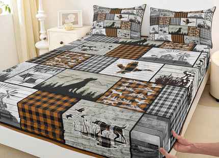 Hunting Dog Bed Sheets Set Plaid Rustic Cabin Sheet Set Mallard Duck Sheets with Deep Pocket Fitted Sheet for Boys Girls Geometric Checkered Camping Hunting Bedding Set Full Size With 2 Pillow Case