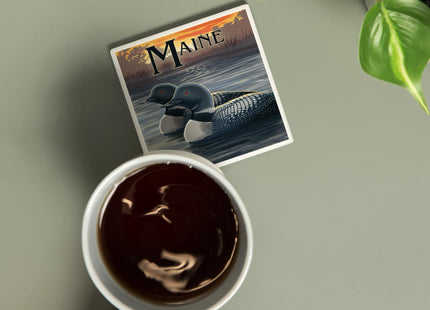 Lantern Press Maine, Loon Family (Absorbent Ceramic Coaster, Single, Cork Back, Kitchen Table Decor)