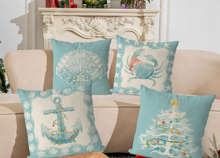 QIONG MENG Christmas Pillow Covers Coastal Beach Christmas Decor Retro Xmas Throw Pillows Covers Home Sofa Living Room Decorative Cushion Case 18x18 Inch Set of 4
