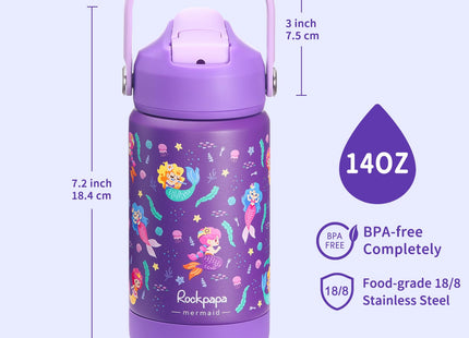 rockpapa 14oz Kids Stainless Steel Water Bottle with Straws, Mermaid