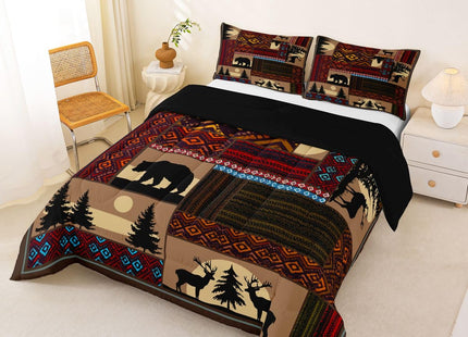 Deer Moose Bear Comforter Set Twin,Boho Aztec Comforter Western Rustic Farmhouse Woodland Bedding Sets,Pine Tree Country Lodge Cabin Quilt Set for Boys Teens Men,Teal Red Brown Stripes Decor 2 Pcs