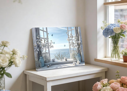 JMMOFCQY Coastal Flower Bathroom Canvas Wall Art Farmhouse Cotton Bouquet And Butterfly Window Rustic Blue Beach Style for Living Room Bedroom Restroom Beach House Coastal Themed Interior Decor