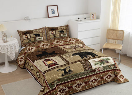 Retro Cabin Queen Comforter Set,Woodland Wildlife Bear Moose Deer Silhouette Quilt for Men Women Adults,Bohemia Wooden Canoe Duvet Insert Southwest Exotic Aztec Patchwork Decor Bedding Set,Brown