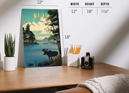 Lantern Press Maine, Moose and Lake, Lithograph, 12x18 Inch Aluminum Sign, Indoor or Outdoor Use