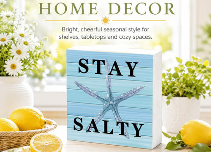 Stay Salty Wood Box Sign for Beach House Decor and Beach Lovers, Coastal Summer Starfish Tabletop Decoration for Home Office Bathroom Shelf Desk, Ocean Theme Gift