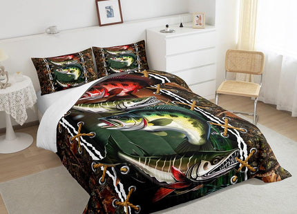 Erosebridal Big Pike Fish Comforter Set Twin Size Hunting and Fishing Themed Bedding Boys Girls Bass Big Fish Bedding Comforter Sets Rustic Farmstyle Duvet Insert Bass Fish Quilt Gifts Adult