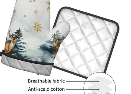 Winter Green Forest and Deer Oven Mitts and Pot Holders Sets Heat Resistant Non Slip Gold Snowflake Xmas Kitchen Gloves Hot Pads Potholders 2 Pack Set Holiday Decor for Chef Cooking Bakers Kitchen