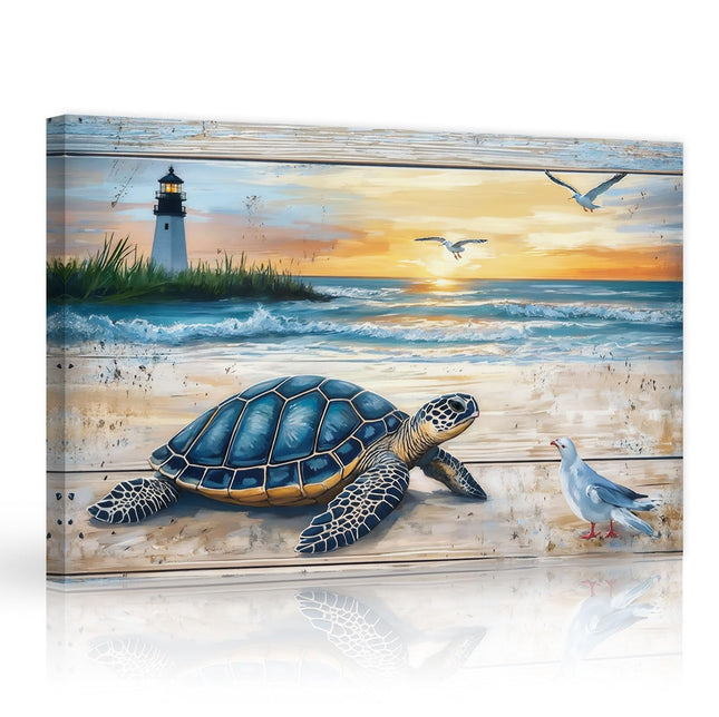 ARTZGX Sea Turtle Canvas Wall Art Turtle Bathroom Wall Decor Coastal Beach Pictures Ocean Animal Artwork Lighthouse Painting for Home Decor Frame(Blue 12L x 18W)