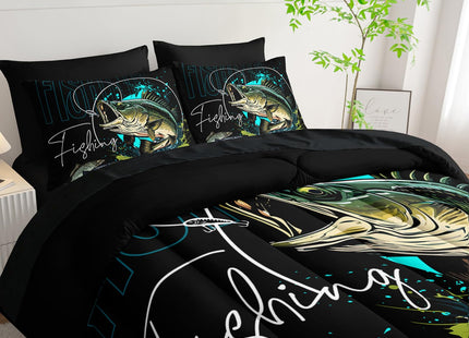 Nttopship Big Pike Fish Bedding Queen Size，Hunting and Fishing Bedding Set 7 Piece in A Bag, Fishing Brown Green Comforter Set Brown Green Bedding Set Themed Comforter Set for Kids Boys Room Decor