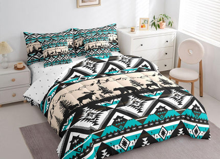 Feelyou Western Comforter Set with Sheets 7 Piece Queen Size Southwestern Aztec Bedding Set for Kids Boys Girls Bear Bed in a Bag Deer Moose Room Decor Wild Animals Blue Soft Lightweight Microfiber