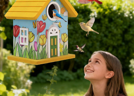 Wooden Bird Houses Bird House for Outside Yellow Wood Bird House for Outdoors,Handmade Painted Tulips Bird Houses for Garden Blue Bird Hummingbird Wren Cardinal Swallow Sparrow Finch Chickadee
