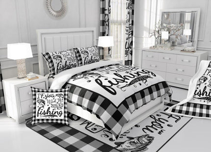 Pike Fish Duvet Cover, Hunting Fishing Comforter Cover for Kids Boys Teens Adult, Black White Geometric Plaid Grid Bedding Set Ocean Animal Sealife Quilt Cover with Zipper Corner Ties, Full
