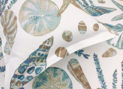 FADFAY Sheet Set Queen Beach Themed Bedding Sets 100% Cotton Super Soft Coastal Bedding White Teal Seashells and Starfish Nautical Bedding with Deep Pocket Fitted Sheet 4-Pieces Queen Size