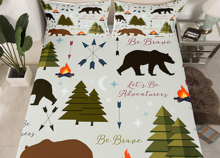 Happy Camping Fitted Sheet Twin Size Hunt Bear Pine Trees Bedding Set for Kids Boys Men Adults Cabin Room Decor Campfire Arrow Cartoon Bed Sheet Wild Outdoor Adventure Deep Pocket Sheet 2pcs