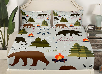 Happy Camping Fitted Sheet Twin Size Hunt Bear Pine Trees Bedding Set for Kids Boys Men Adults Cabin Room Decor Campfire Arrow Cartoon Bed Sheet Wild Outdoor Adventure Deep Pocket Sheet 2pcs