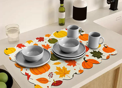 CQKEDMA Scalloped Dish Drying Mats for Kitchen Counter, Fall Pumpkins Maple Leaf, Cute Coffee Bar Mat for Countertop, Diatomite Absorbent, Kitchen Aesthetic Decor (16"x24", Fall Pumpkins Maple Leaf)