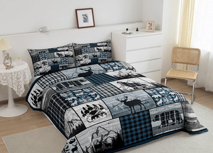 Feelyou Deer Elk Bear Wolf Comforter Blue Plaid Rustic Cabin Comforter Set Farm Forest Camping Hunting Bedding Set Geometric Checkered Duvet Set Room Decor Quilt Set Twin Size