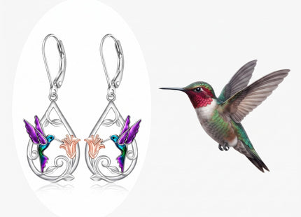 Hummingbird Earrings for Women Sterling Silver Purple Hummingbird Dangle Earrings Sterling Silver Memorial Cute Bird Flower Jewelry Mothers Day Gifts