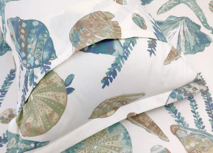 FADFAY Sheet Set Queen Beach Themed Bedding Sets 100% Cotton Super Soft Coastal Bedding White Teal Seashells and Starfish Nautical Bedding with Deep Pocket Fitted Sheet 4-Pieces Queen Size