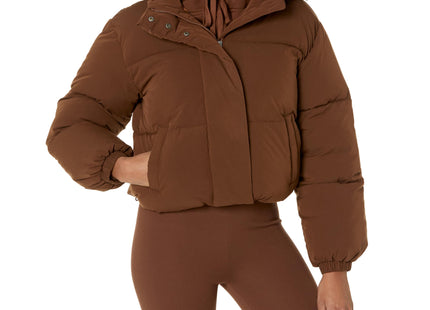 Amazon Essentials Women's Relaxed Fit Cropped Full-Zip Puffer Jacket with Snap Closure, Quilted Matte or Sherpa Fleece, Deep Brown, Medium