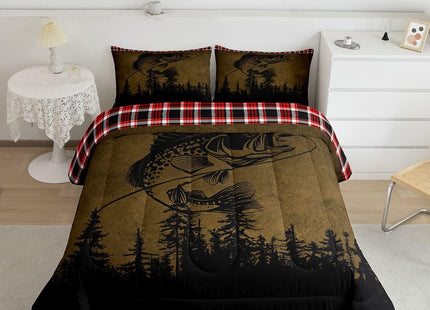 Erosebridal Rustic Farmhouse Bedding Set Pike Fishing Comforter Twin, Brown Tie Dye Down Comforter Red Buffalo Plaid Bed Set, Woodland Pine Tree Quilted Duvet Hunting and Fishing Theme Bedroom Decor