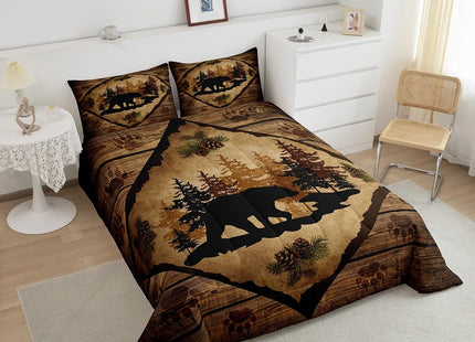 Lodge Cabin Bedding Set Queen Size 3 Pcs,Bear Wild Animal Silhouette Print Comforter Set for Kids Teens Adults,Jungle Pine Trees Brown Wooden Stripes Rustic Quilted Comforter with 2 Pillowcases
