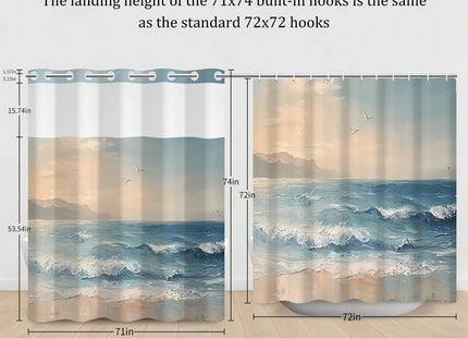 Hook-free Painting Sea Coastal Waves Seagull Double Layer Shower Curtain