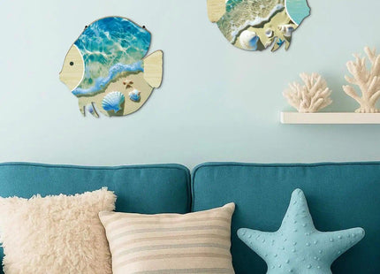 Putuo Decor 2PC Coastal Fish Wall Decor, MDF Nautical Hanging Decor with Metal Hook, Ocean Themed Wall Art Set for Bathroom, Lake House, Seaside Living Space(Ocean Beach Shells)